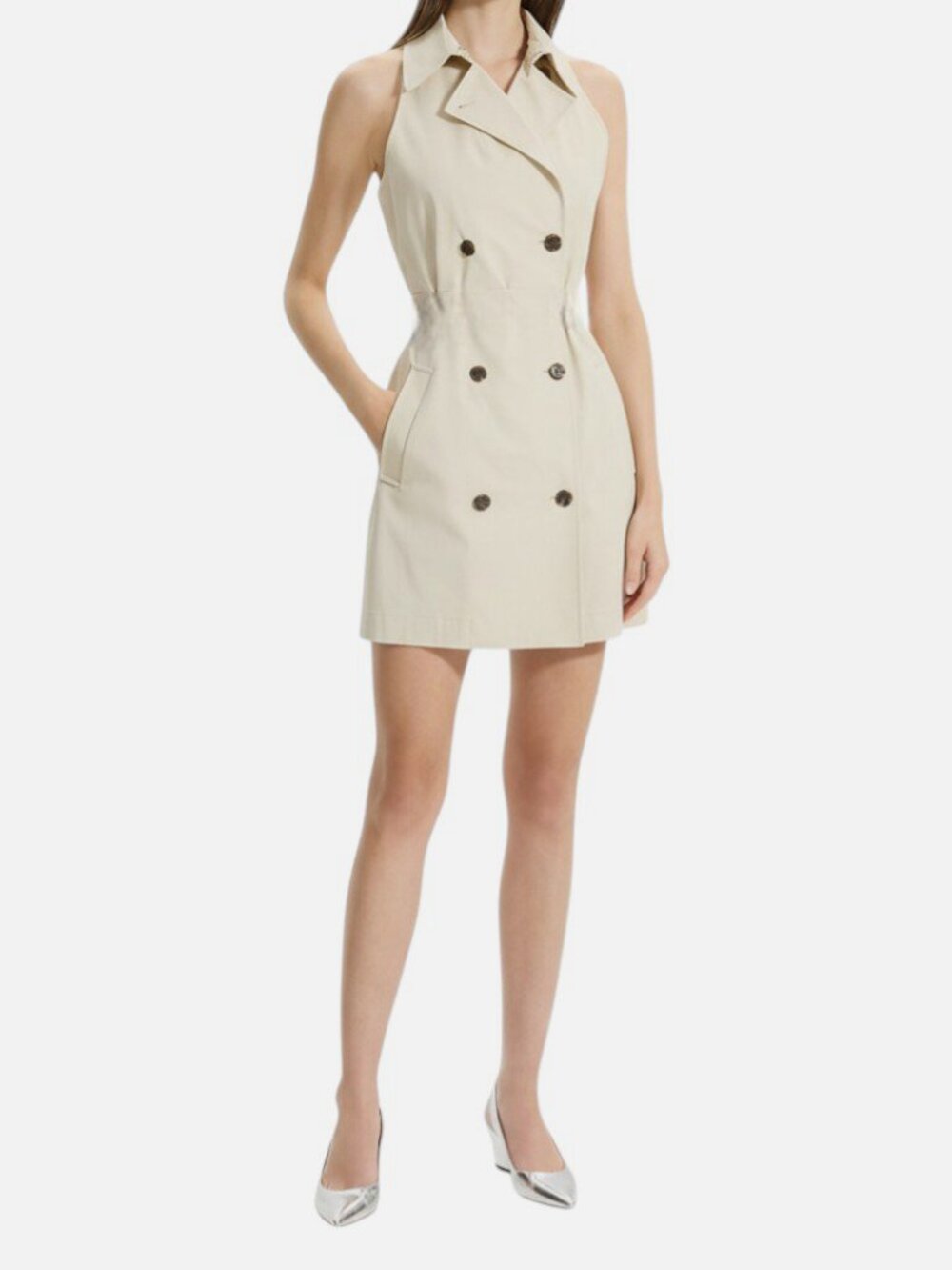 Theory Women's Beige Halter Notch Collar Double-Breasted Trench Dress Size 10